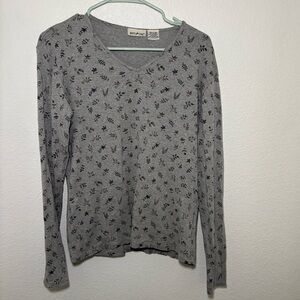 White Stag 2000s Gray Floral V-Neck Long Sleeve Tee